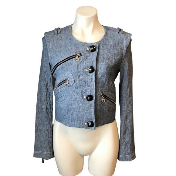 Bensoni Linen Jacket 0 Moto / Biker Cropped Light Blue Pockets Lined - Picture 1 of 12